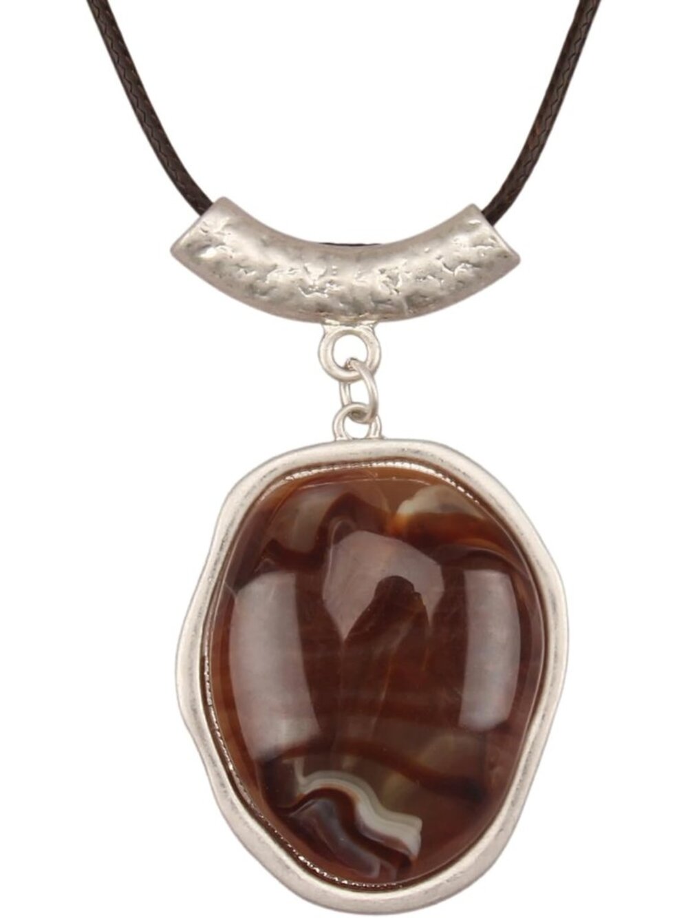 Women's Boho Silver Brown Agate Stone Pendant Necklace Curved Bar Choker